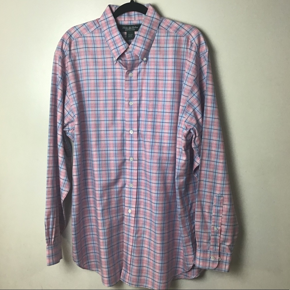 Brooks Brothers Country Club pink blue plaid long sleeve button down. Large